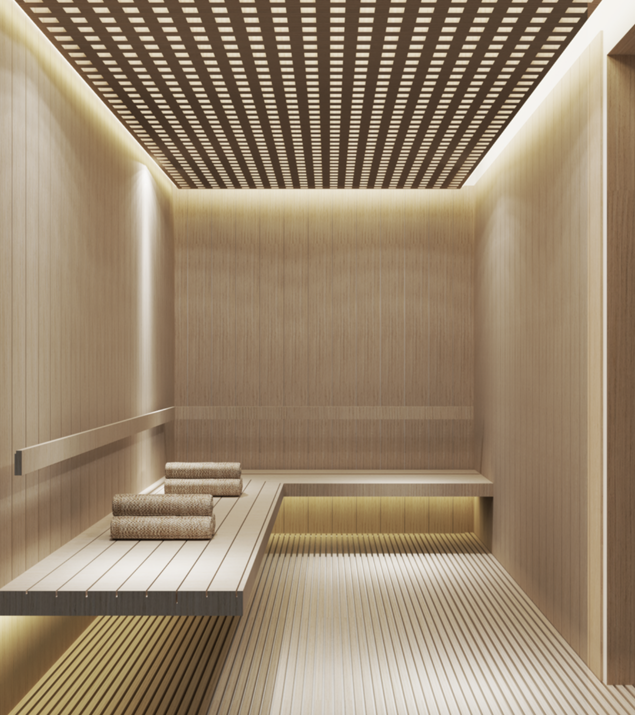 Sauna con acabados de madera y banca iluminada.